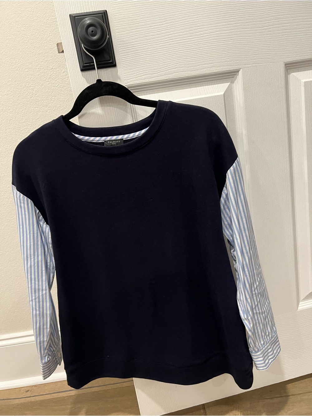 Navy Pullover Top with Striped Sleeve Detail PM
